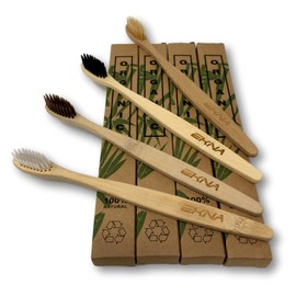 EKNA Bamboo Toothbrushes - Set of 4 Bamboo Toothbrushes - Bamboo Toothbrushes - 2 x Wooden Toothbrushes Medium & 2 x Bamboo Toothbrushes Hard 100% Vegan & BPA Free (Set of 4)