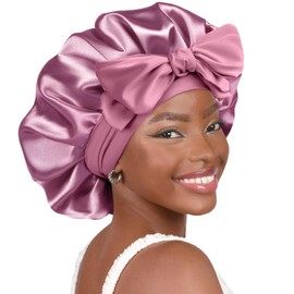 YANIBEST Silk Bonnet for Sleeping Women Satin Bonnet Double Layer Satin Lined Hair Bonnet with Tie Band Curly Hair Purple