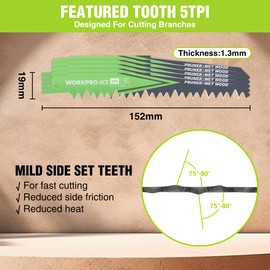 WORKPRO 5-Piece Reciprocating Saw Blades Set | Sabre Saw Blades for Cutting Branches | 152mm 5TPI Saw Blades Set with Plastic Storage Box | Compatible with Most Reciprocating Saw