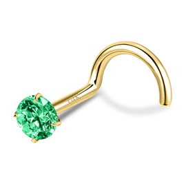 SYLWIA 14K Real Gold Nose Studs, 20g 18g L Shaped Nose Rings, Simulated Emerald Diamond CZ - 2mm 2.5mm 3mm, Hypoallergenic Corkscrew Nose Ring Piercing for Women Men (18g,2.5mm Green CZ)