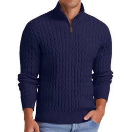Askdeer - Suéter de punto con cierre de un cuarto para hombre, suéter tipo polo con cuello alto, suéter casual con borde acanalado, C05 Azul Marino, M