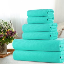 CASA COPENHAGEN Waffle Towel, 6Pieces 100% Cotton Large Towel Set- Aqua Blue, 2Bath 2Hand 2Washcloths Instant Absorb and Dry, Soft Strong Towels for Hotel Spa Kitchen Bathroom & Shower
