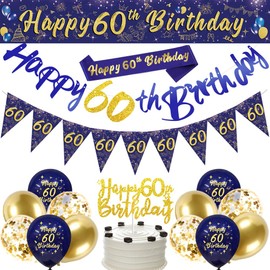 60th Birthday Decorations for Men,Navy Blue Gold 60th Birthday Party Decorations Include Happy 60th Birthday Banner,Triangle Flag Banner and Confetti Latex Balloons (60th Birthday)