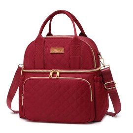 AIJIEKE Lunch Bag for Women, Double Deck Insulated Lunch Box for Work, Cute Large Leakproof Tote Lunch Cooler Bag with Side Pockets, Dual Compartment Lunch Bag for Picnic Beach Hiking, Red