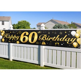 60th Birthday party decorations banner for men and women, essential decoration for 60th Birthday party, long size, black and gold 60. Birthday banner 210 x 40 cm (82.7 x 15.7 inches)