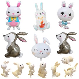 13 Pcs Easter Decorations for Kids Easter Resin Crafts with Bunny-Themed Balloons Miniature Rabbit Resin Ornaments Foil Balloons Bunny Crafts Easter Birthday for Home and Event Decorations