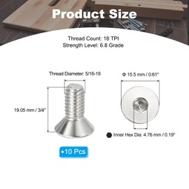 PATIKIL 5/16-18 x 3/4" Flat Head Socket Cap Screws, 10 Pack Flat Countersunk Bolts Hex Socket Drive Machine Screws 304 Stainless Steel 18-8 Full Thread Grade 6.8