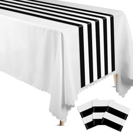 Peryiter 3 Pcs Black and White Table Runner Plastic Striped Table Runner Elegant Classic Disposable Table Decoration for Wedding Birthday Party Supplies Indoor Outdoor Dinner Banquet, 14 x 108''