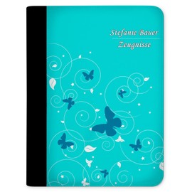 CreaDesign, Children's Certificate Folder with Name, Certificate Folder Butterfly Turquoise with 10 Transparent Pockets, A4, 26.7 x 32.7 x 1 cm, Black Spine