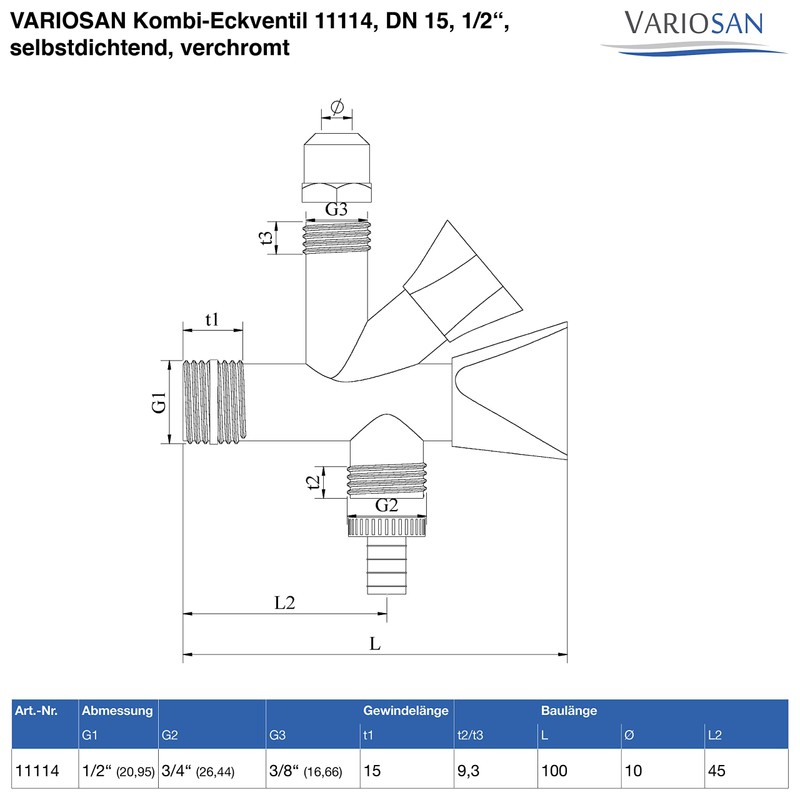 'VARIOSAN HEKO-11114 Combination Angle Valve DN15 1/2 – Chrome Plated