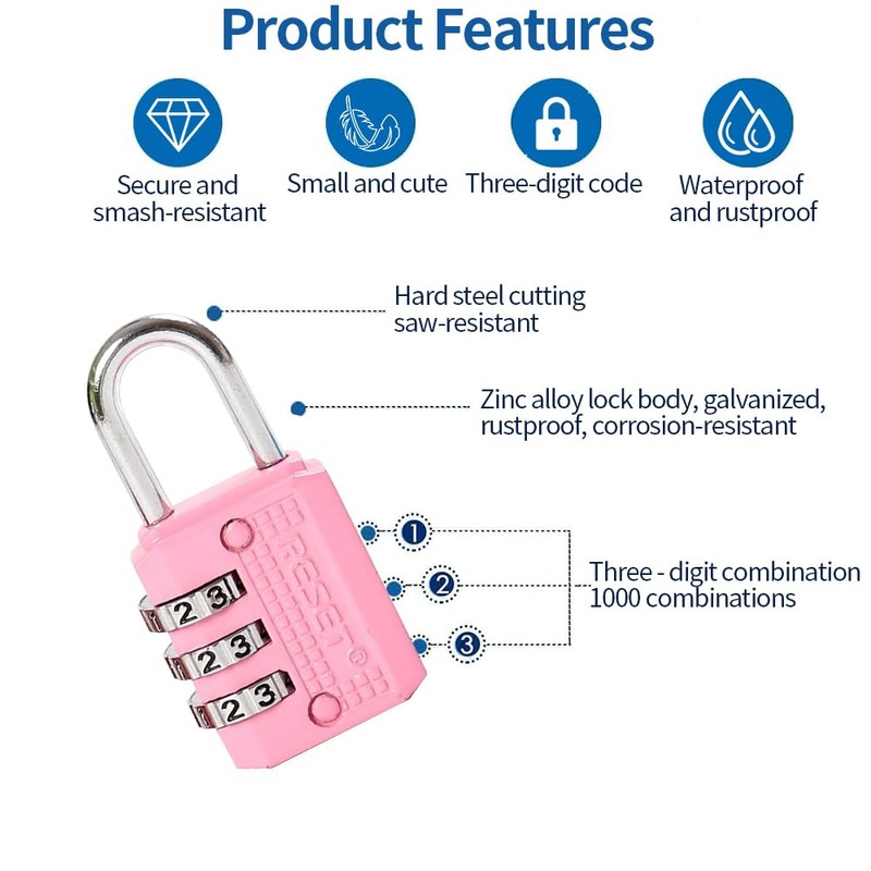 RESET-071 3-Digit Combination Padlock, Compact Resettable Lock for Mini Locker,
