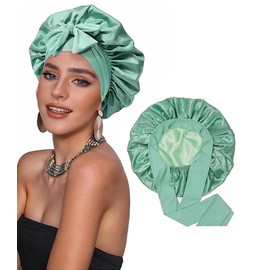 CHUNG Women Hair Bonnets Double Layer Satin Silk Bonnet Hat for Sleeping with Tie Band Wig Curly Double Layer,GrassGreen