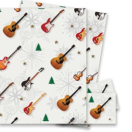 Christmas Guitars Wrapping Paper - 2 Sheets of Giftwrap and Tags - 70x50cm - Music - Acoustic Electric Guitar - Recyclable & Eco Friendly