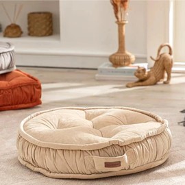 English Home Floor Pillow, Round Boho Floor Pillow, Thick Quilted Seat Cushion, Cat and Dog Bed, Comfortable Floor Cushions for Adults, Soft Meditation Cushion, Bench Cushion, Beige, 22" 5" Inch