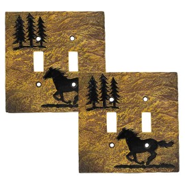 Set of 2 Western Horse And Pine Trees Silhouette Wall Double Toggle Switch Plate