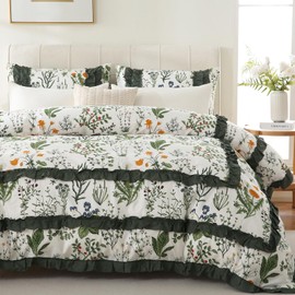 Cozaline Ruffle Duvet Cover Queen 100% Cotton Floral Comforter Cover with Sage Green Ruffle, Aesthetic French Vintage Duvet Cover Sets with Zipper Closure, Ultra Soft, Breathable, All Seasons