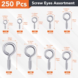 250 Pcs Eye Hook Screw, Screw Eyes 0.75"-1.75" Christmas Tree Stand Screws Eye Bolts 9 Size Heavy Duty Eyelet Screw Nickel Plated Self Tapping Screws for Picture Frame