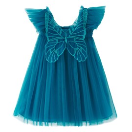 YETANLID Toddler Girls Tulle Tutu Dress Baby Girls Butterfly Back Summer Fly Sleeve Wedding Birthday Party Babydoll Sundress Peacock Blue Size 18-24 Months