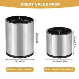 2Pack Kitchen Utensil Holder Set - 360° Rotating Stainless Steel Large Cooking Utensil Stand for Counter, 3 Compartment Flatware Caddy with Removable Base for Knife, Fork & Spoon Organizer - Sliver