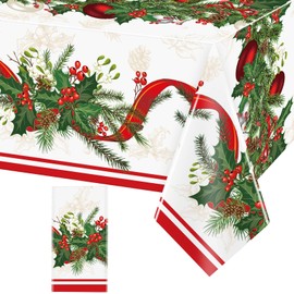 WovWeave 1 Pcs Christmas Plastic Disposable Tablecloth 108 x 54 Inch Holly Berry Ribbon Garland Table Cover Rectangle Christmas Party Table Cloth for Christmas Party Dining Table Supplies