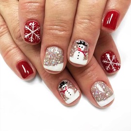 24Pcs Christmas Press on Nails Short Square Fake Nails with Snowman and Snowflakes Design Xmas Press ons Glossy Acrylic Nails Glitter Press on Nails Stick on Nails for Women Girls Christmas Nail Art