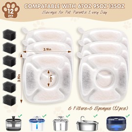 12Pcs Cat Water Fountain Filters,6 Pack Cat Water Fountain Replacement Filters with 6 Pack Pre-Filter Sponges,Pet Fountain Replacement Filters Compatible with Veken 95Oz/67Oz/135Oz Cat Water Fountain