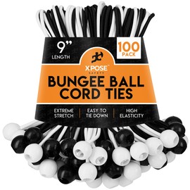 Xpose Safety Bungee Ball Cords 9" 100 Pack Heavy Duty Assorted Colors Black and White Stretch Rope with Ball Ties for Canopies, Tarps, Walls, Cable Organization