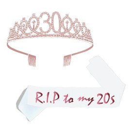 RIP to My 20s Sash & Rhinestone Tiara Set, 30 Years Old Birthday Funny Gifts for Women, Funeral to My Youth Birthday Party Supplies Decoration, 30th Birthday Party Sash Favors (Pink)