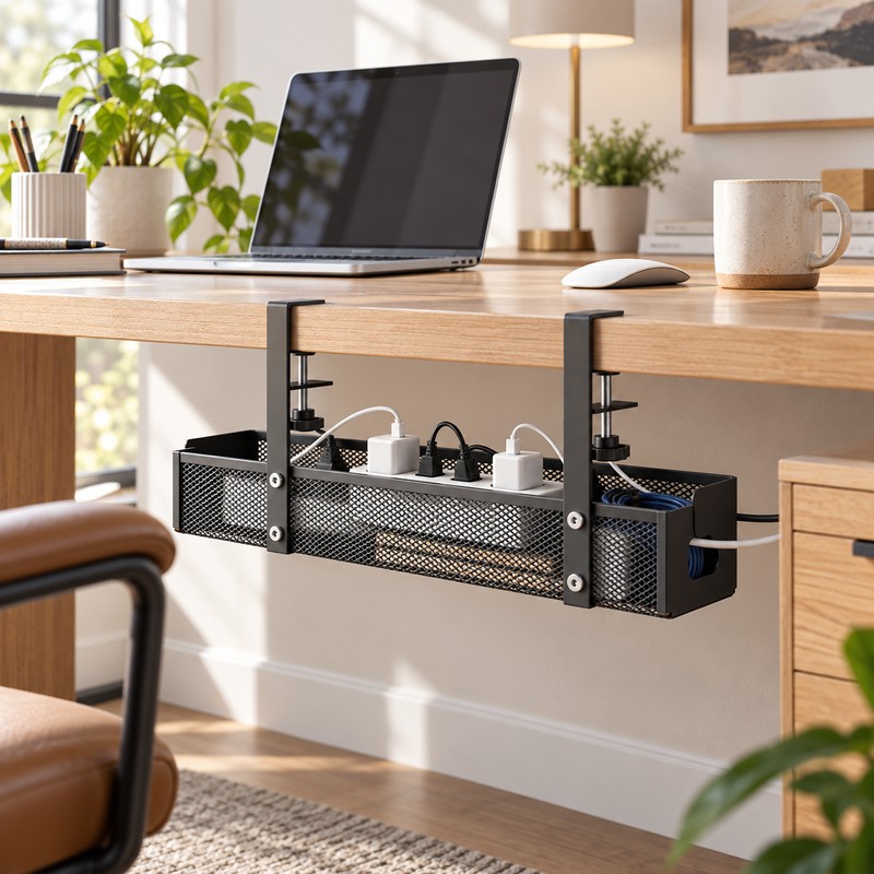Under Desk Cable Management Tray – No-Drill Clamp-On Carbon Steel