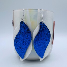 Leather Glitter Earrings for Women - Double Layer Baseball Mom Glitter (Royal Blue & Snow)
