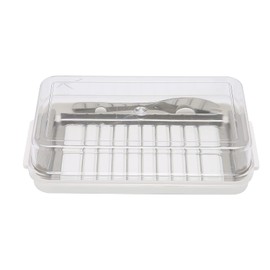 Ejoyous Butter Cutter Container, Stainless Steel Butter Slicer Dish Cheese Storage Box with Lid and Transparent Cover for Fridge Kitchen (Butter lattice hole cutting box (white background)
