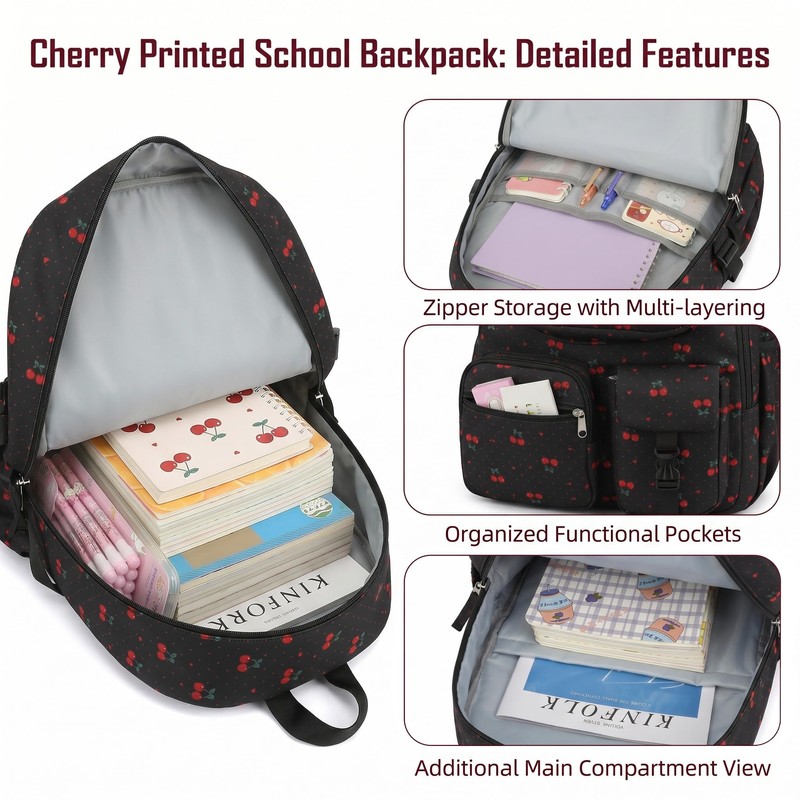 Lrenagao Cherry School Backpack for Girls, 3PCS Kids Teens Bookbag