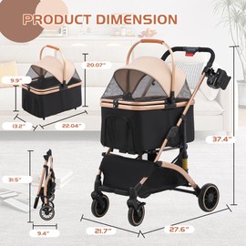 MAGIC UNION Pet Stroller 3 in 1 Multifunction, 4 Wheels Dog Cat Stroller with Cup Holder for Small Medium Dogs Cats, Foldable Pet Travel Carrier with Detachable Carrier and Storage Basket, Black