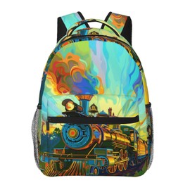 Colorful Steam Train Backpack for Teen Kids Boys School Laptop College Vibrant Locomotive Art Backpacks for Gifts Travel Hiking Work Camping, Polyester Lightweight Aesthetic Bookbag Back Pack