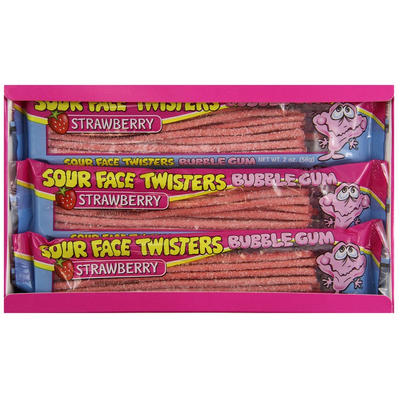Face Twisters Sour Bubble Gum Straws, Strawberry, 2 Ounce (Pack