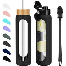 FULBEVY 25 oz Glass Water Bottles - Motivational Tumbler With Time Marker - Borosilicate Glass Bottle, Silicone Sleeve, 2 Lids,Handle Spout & Bamboo Straw, Black