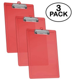 Acrimet Clipboard Letter Size Low Profile Clip (Clear Red Color) (3 - Pack)