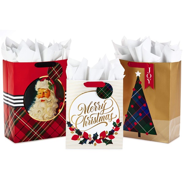 Hallmark Christmas Gift Bag Assortment with Tissue Paper (Pack of 3 Gift Bags: 1 Large 13", 2 Extra Large 15") Gold, Plaid, Santa