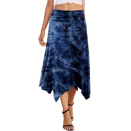 KISSMODA Women's Casual Flat Elastic Waist Asymmetrical Hem Flowy Midi Skirt Blue Tie Dye L