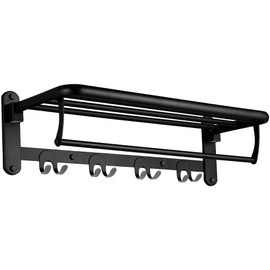 HOONEX Foldable Towel Rack for Bathroom Wall Mounted, with Towel Hooks and Adjustable Towel Bar, 304 Stainless Towel Holder, 24-Inch Bathroom Towel Shelf, Black