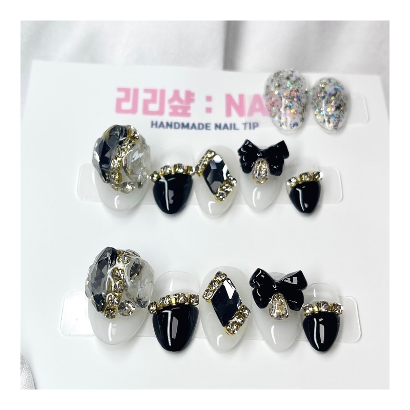 Gold Black Diamond Handmade Nail Tips - Short Ballerina /