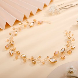 Teyglen-Enredadera para el cabello de novia, color champán, diadema larga de cristal con diamantes de imitación hecha a mano, accesorios para el cabello para mujeres y niñas, tocados vintage para fies
