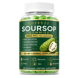 Qizfyzz Soursop Gummies, Antioxidant, Immune & Energy Support, Herbal Daily Supplement with Soursop Leaf Extract, Sea Moss, Ashwagandha, Black Seed, Moringa & Turmeric, 60 Gummies (1 Piece)