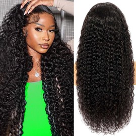YIJUNDEMA 34Inch 13x6 Deep Wave Lace Front Wigs Human Hair Pre Plucked 13x6 HD Transparent Lace Front Wigs Human Hair 200 Density Glueless Curly Wigs for Women
