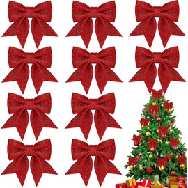 Pack of 10 Red Bows Christmas Tree Decorations Red Gift Bow Glitter Decoration Bows Christmas Tree Christmas Bows for Home Wedding Christmas Party Decoration (14 x 15 cm)