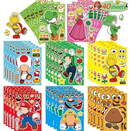 EHQEHQ 40 Pieces Make-a-face Stickers Pack, Super Bros Make Your Own Stickers, Mixed & Matched with 8 Designed Characters(5 of Each) Stickers for Party Decoration, Reward, Decor
