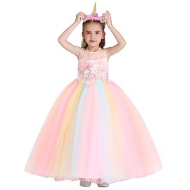 HIHCBF Girls Unicorn Costume Pageant Princess Party Dress Wedding Birthday Christmas Carnival Long Maxi Gown w/Headband Rainbow Pink 8-9T