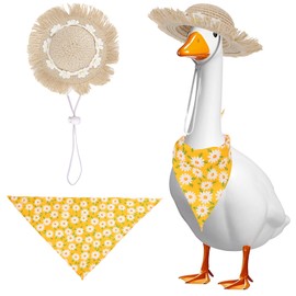 Pastoral Style Porch Goose Outfits, Summer Autumn Goose Clothes Set Buckwheat Hat & Bandana Scarf for 23" Lawn Statue Pet Costume for Patio Yard Garden Decoration (Yellow Daisy)
