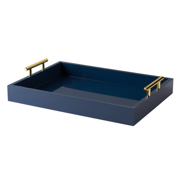 Kate and Laurel Lipton Decorative Tray with Polished Metal Handles, Navy Blue and Gold