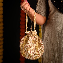 Potli Clutch Batawa Bag Purse Embroidered Embellished Handmade Traditional Ethnic Golden Work Ladies Handbag for Women for Party Wedding Special Occasion and Gifting (White)